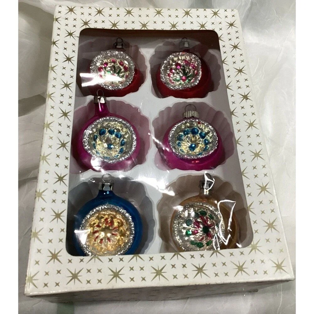 Indent Reflector Mercury Glass Christmas Ornaments Hand Painted Set of 6 Poland